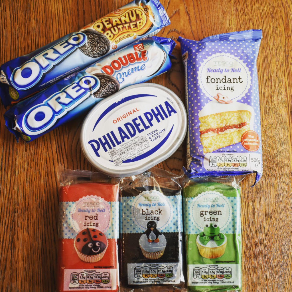 Ingredients for chocolate peanut butter Oreo cheesecake balls