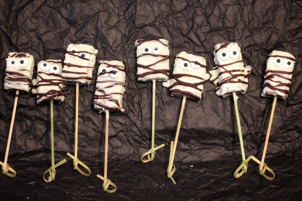 Chocolate coated raw fruit bar mummies